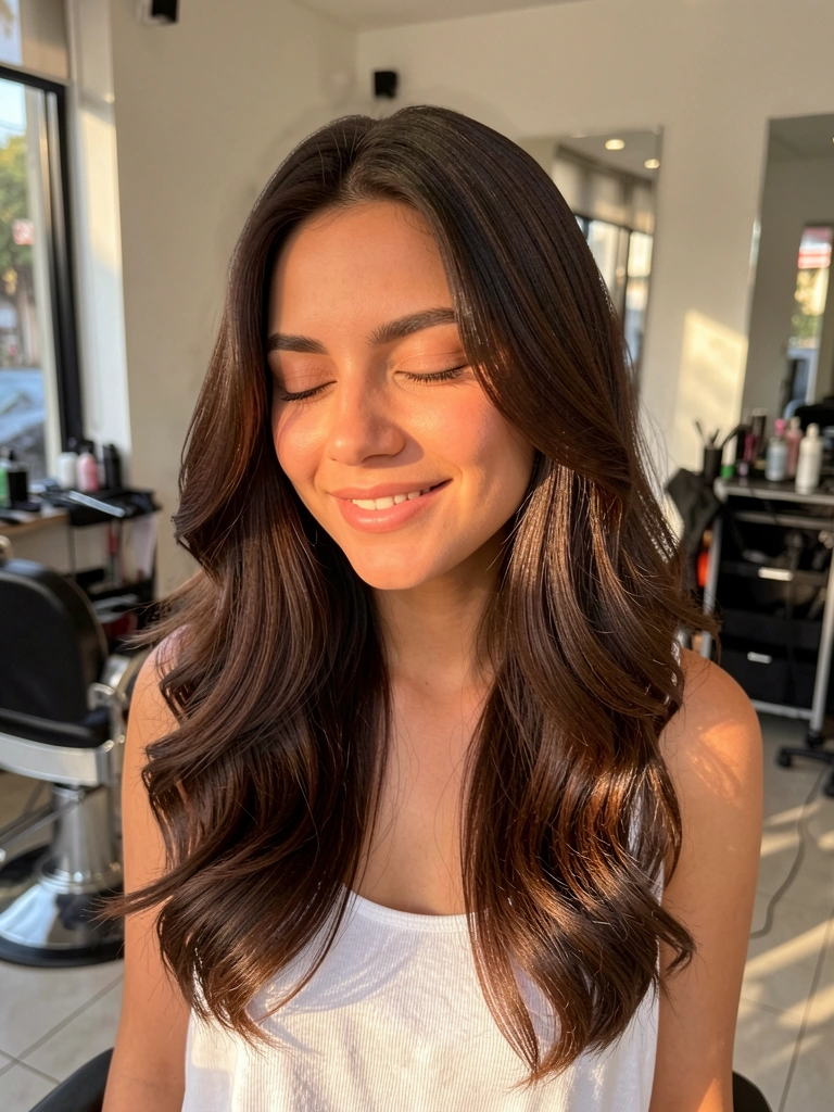Jovem de cabelo castanho escuro ondulado e camiseta branca, com sorriso e olhos fechados em salão de beleza com luz natural.
