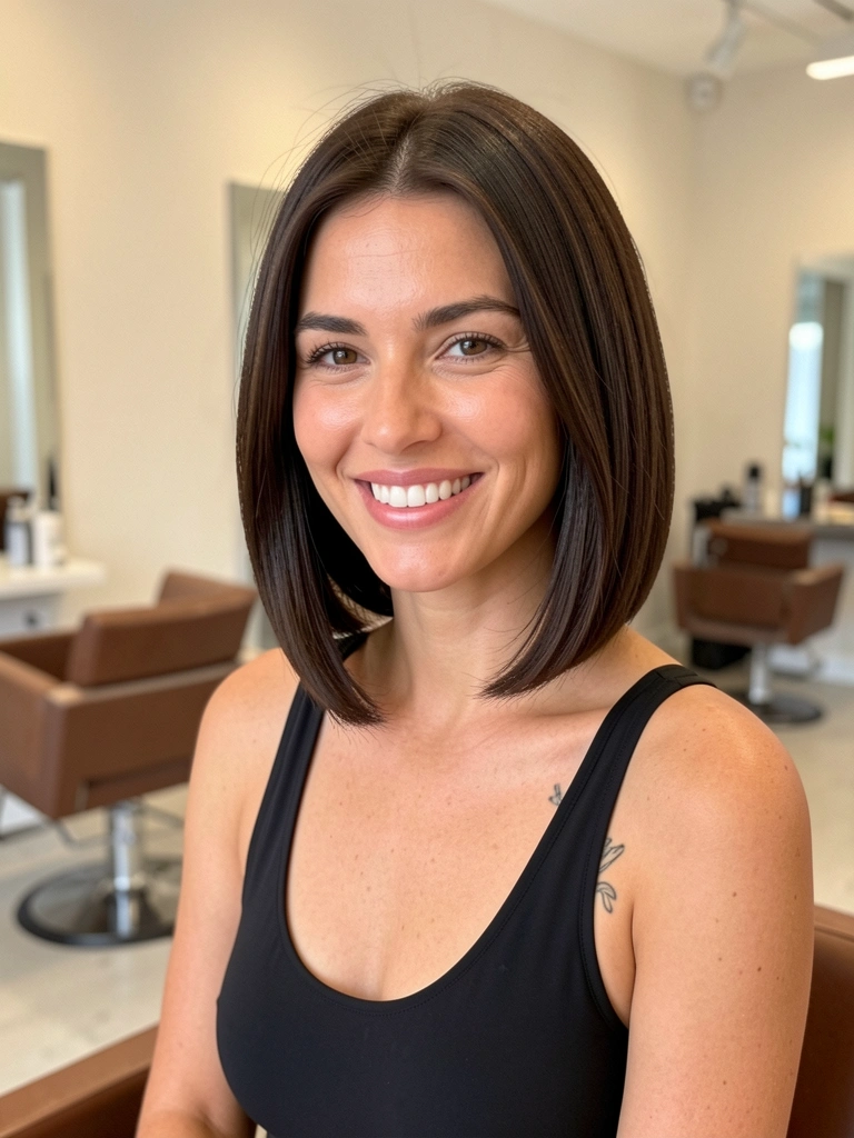Mulher de cabelo liso escuro com corte chanfrado longo, em preto biquíni, tatuagem sutil no ombro, luz natural difusa e fundo de salão moderno.