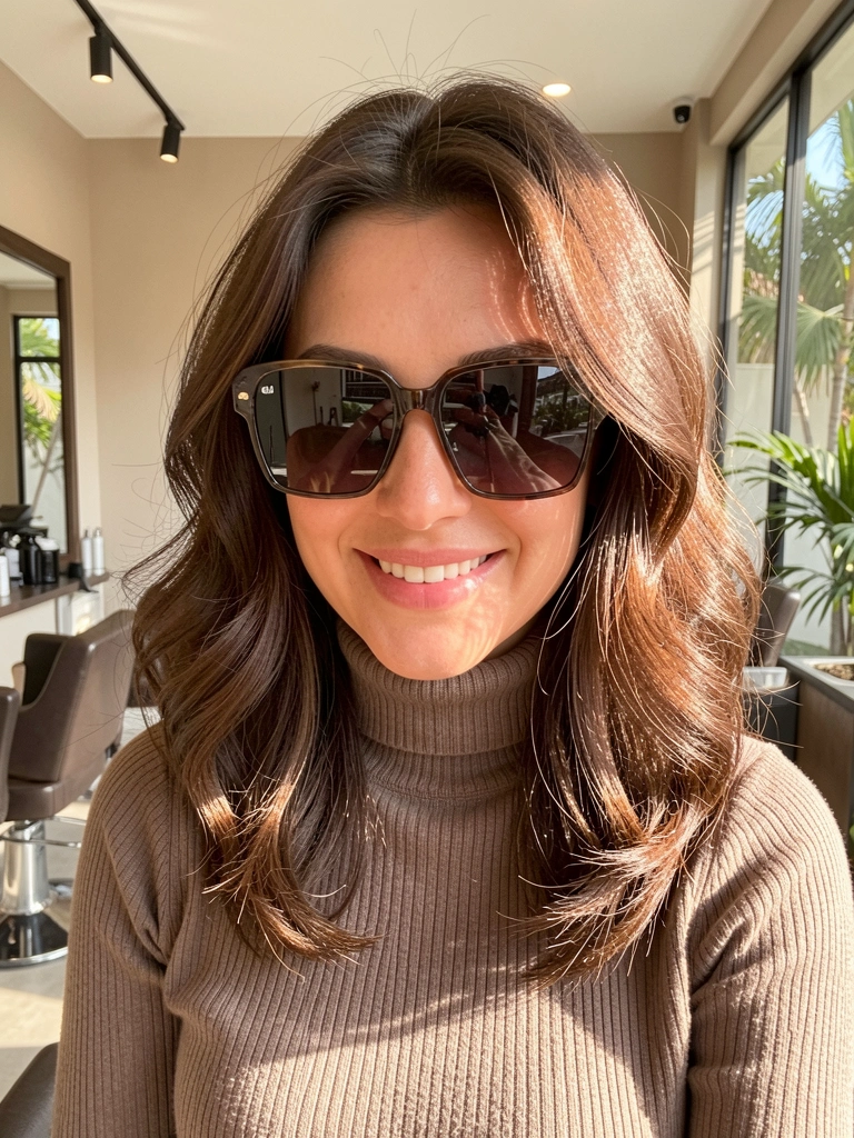 Mulher de cabelo liso ondulado em bob volumoso, óculos retangulares grandes e suéter canelado taupe, fundo de salão neutro com luz natural.