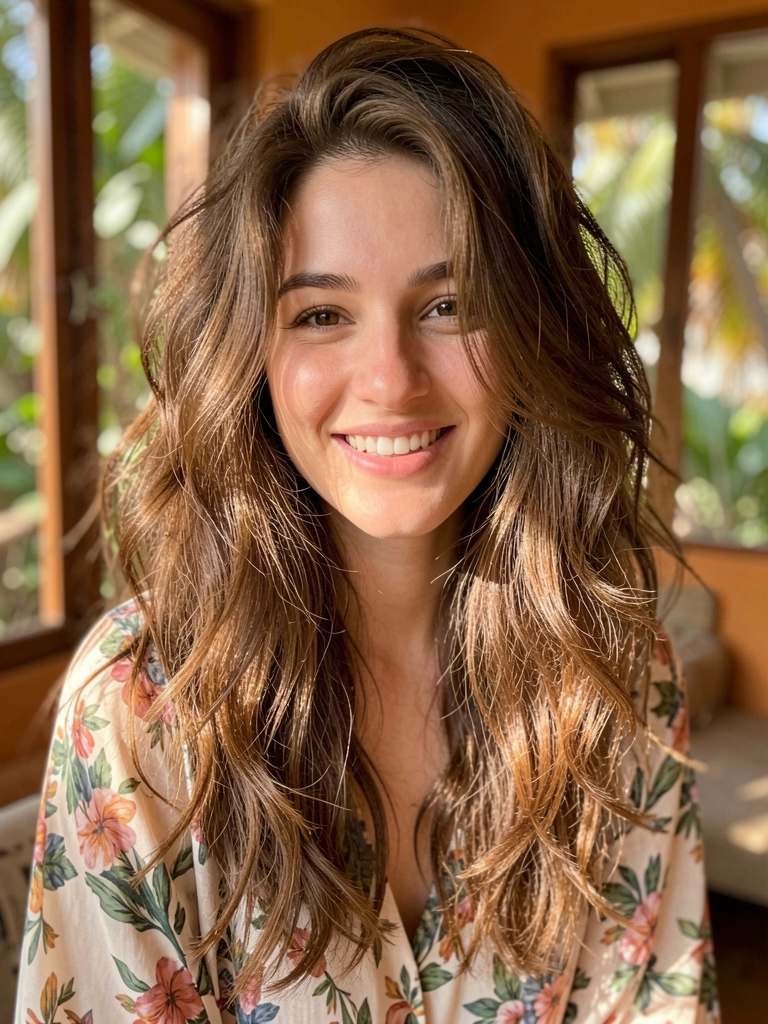 Jovem com cabelos ondulados e volumosos em camadas, sorrindo sob luz difusa, fundo interno desfocado com tons tropicais.
