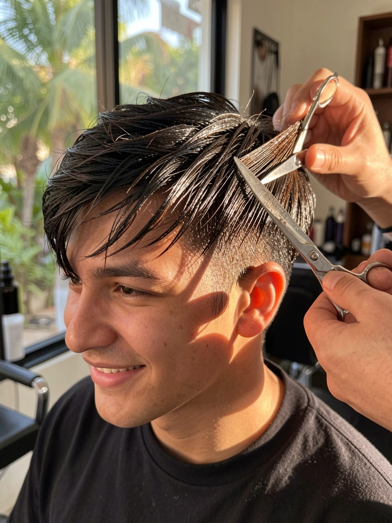 Mão de estilista segurando tesoura afiada cortando cabelo liso e brilhante de homem, luz natural e sorriso genuíno.