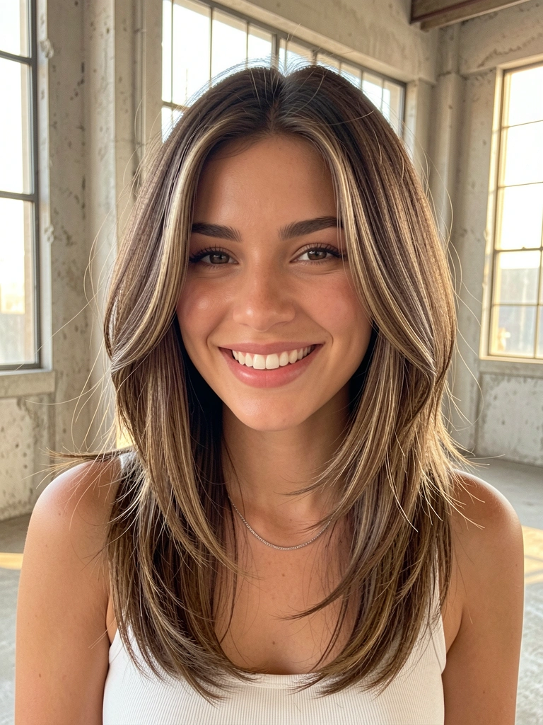 Mulher com cabelo castanho em bob moderno e camiseta branca, sorrindo em espaço industrial com luz natural difusa.
