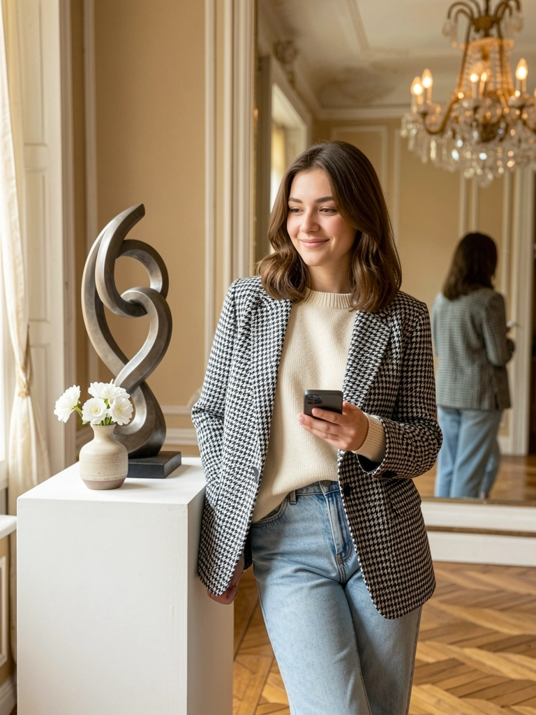 Jovem com blazer xadrez e suéter creme encostada em pedestal com escultura abstrata, luz natural e lustre elegante ao fundo.