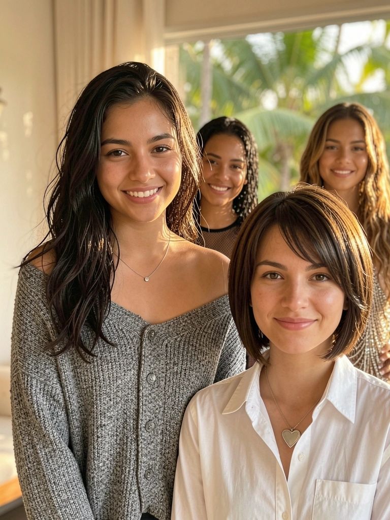 Jovem de cabelo escuro e cardigã cinza texturizado, sorrindo em sala iluminada com fundo desfocado tropical.