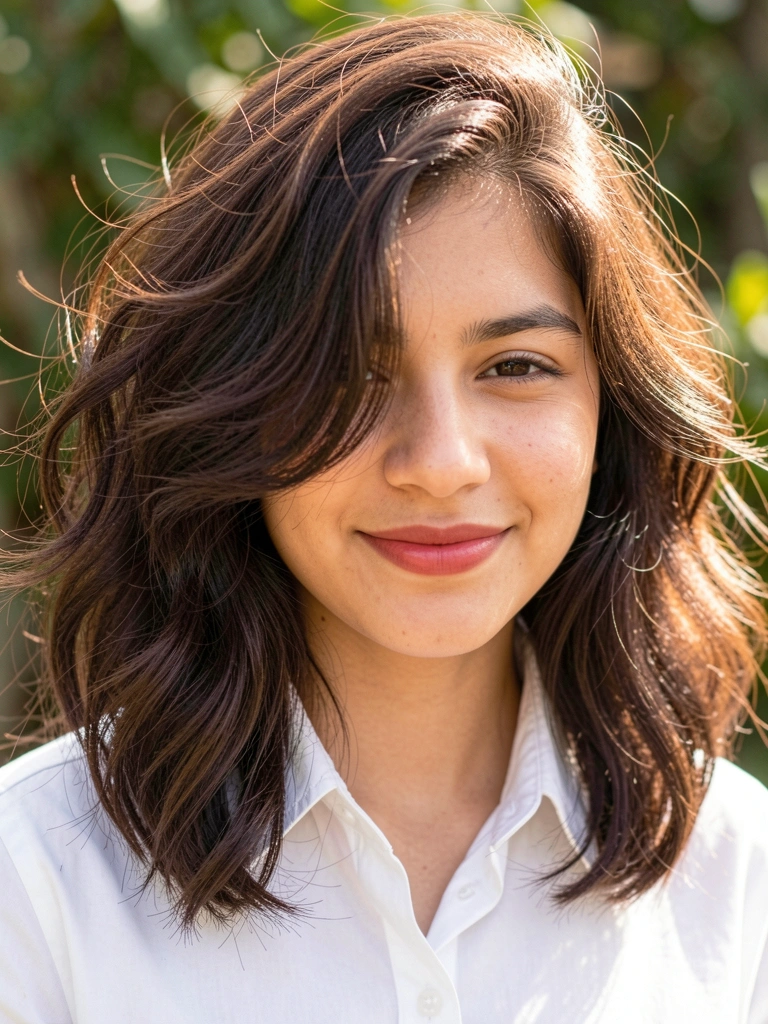 Jovem com cabelo ondulado castanho escuro, camisa branca aberta, sorriso sutil e luz natural difusa.