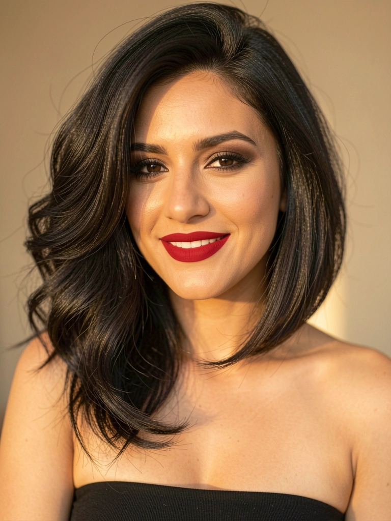 Mulher com cabelo médio assimétrico preto, batom vermelho e sorriso natural, iluminação dourada suave.