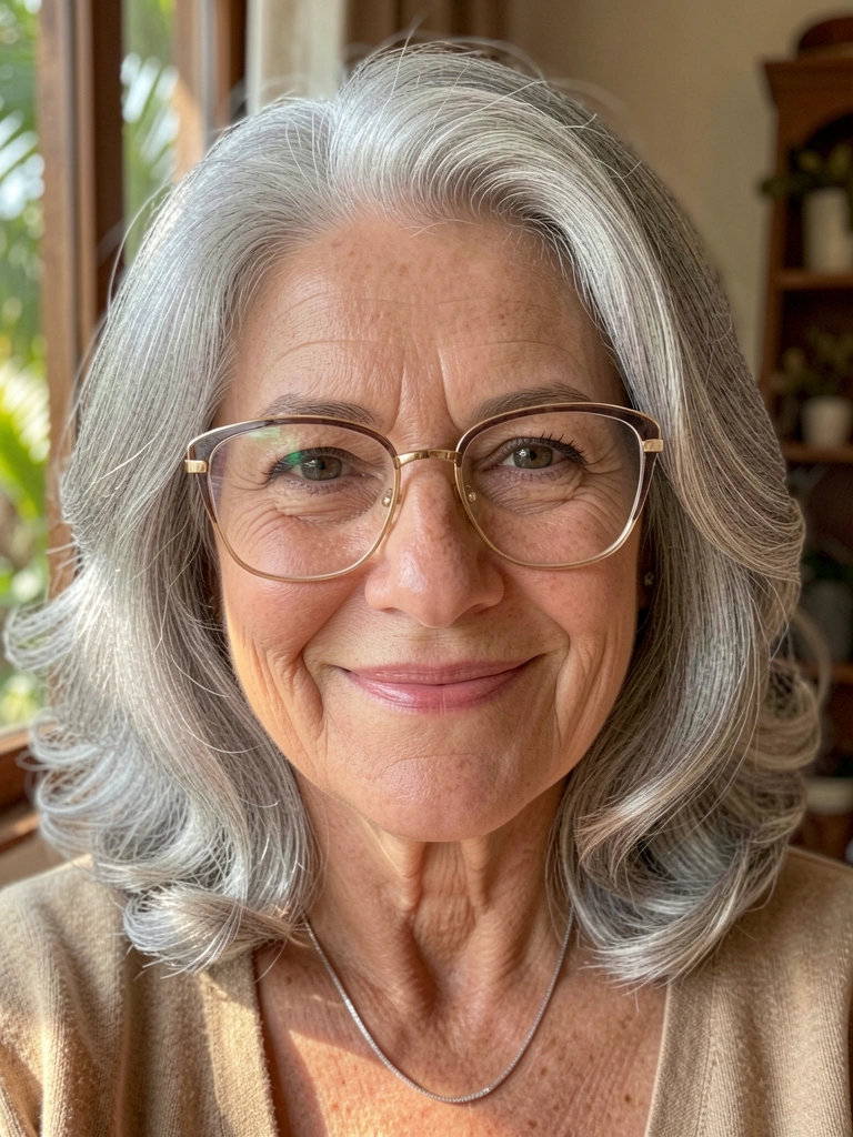 Mulher madura com cabelo grisalho e óculos dourados, sorriso genuíno, luz solar suave ao fundo.