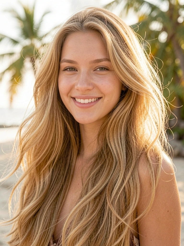 Jovem de cabelo mel ondulado e camada assimétrica, sorrindo sob luz solar difusa, fundo com leve brisa tropical.