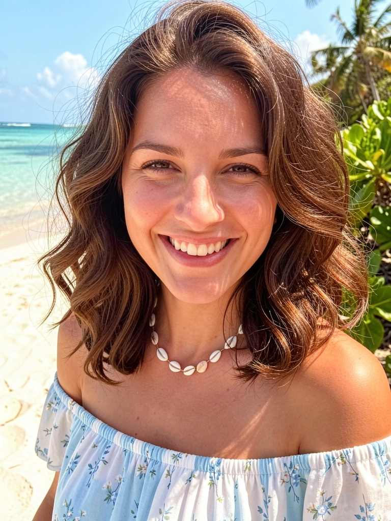 Mulher de cabelo castanho ondulado e sorriso genuíno, vestindo vestido floral azul com ombreira, colar de conchas ao fundo de praia ensolarada.