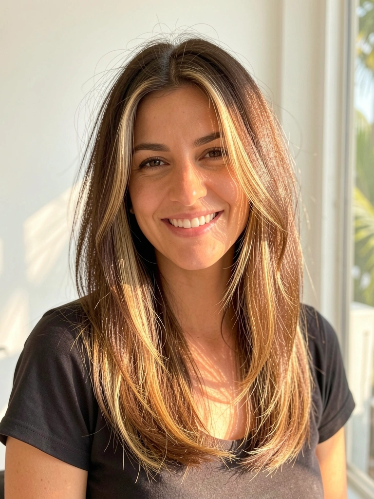 Mulher com cabelo castanho médio ondulado e mechas loiras, sorrindo sob luz solar difusa, fundo branco desfocado.