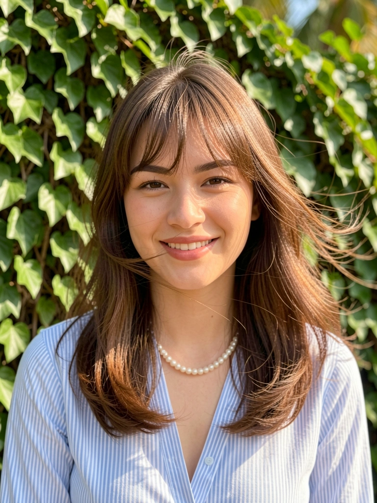 Mulher de cabelo médio ondulado ao vento, sorriso genuíno, luz natural, folhagem verde e colar de pérolas.