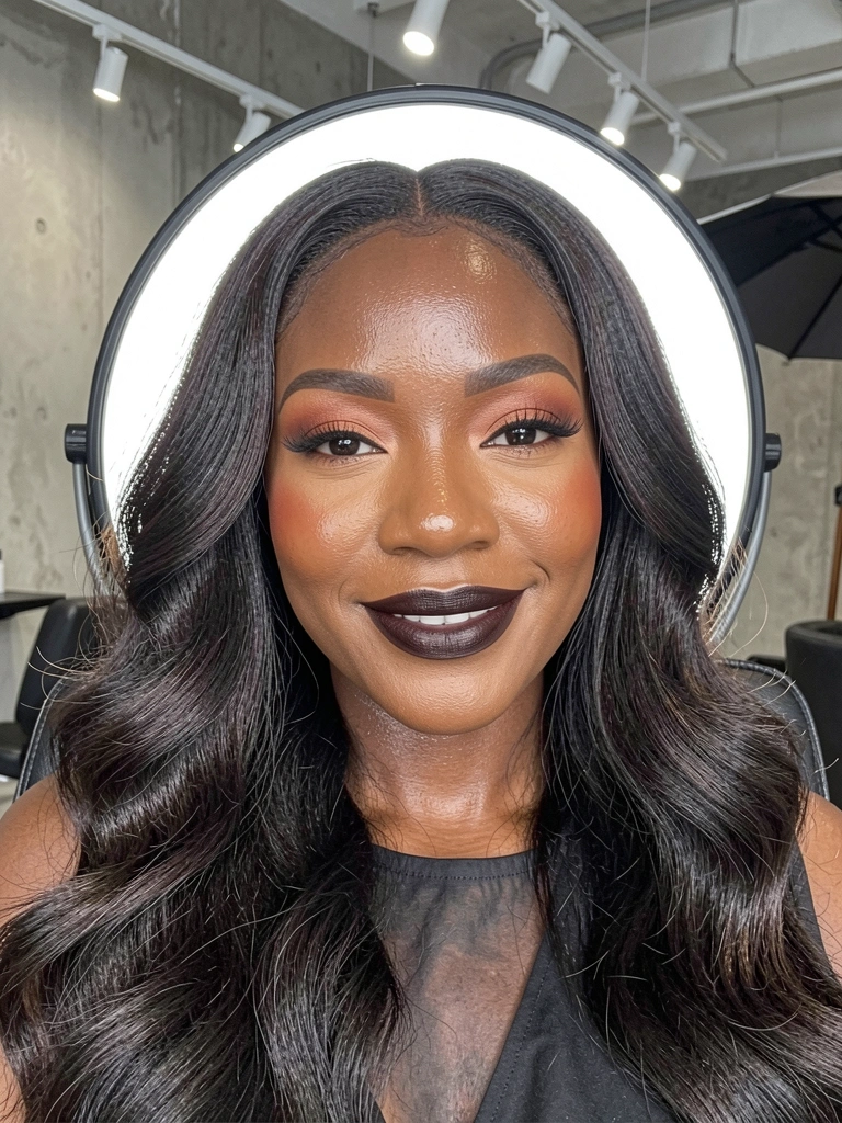 Close de mulher negra com cabelo ondulado longo e batom escuro, refletor redondo e cadeira de salão minimalista ao fundo.
