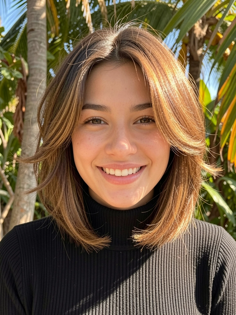 Jovem com cabelo castanho em ondas suaves e franja lateral, usando suéter preto de gola alta, sob luz natural filtrada por folhas.