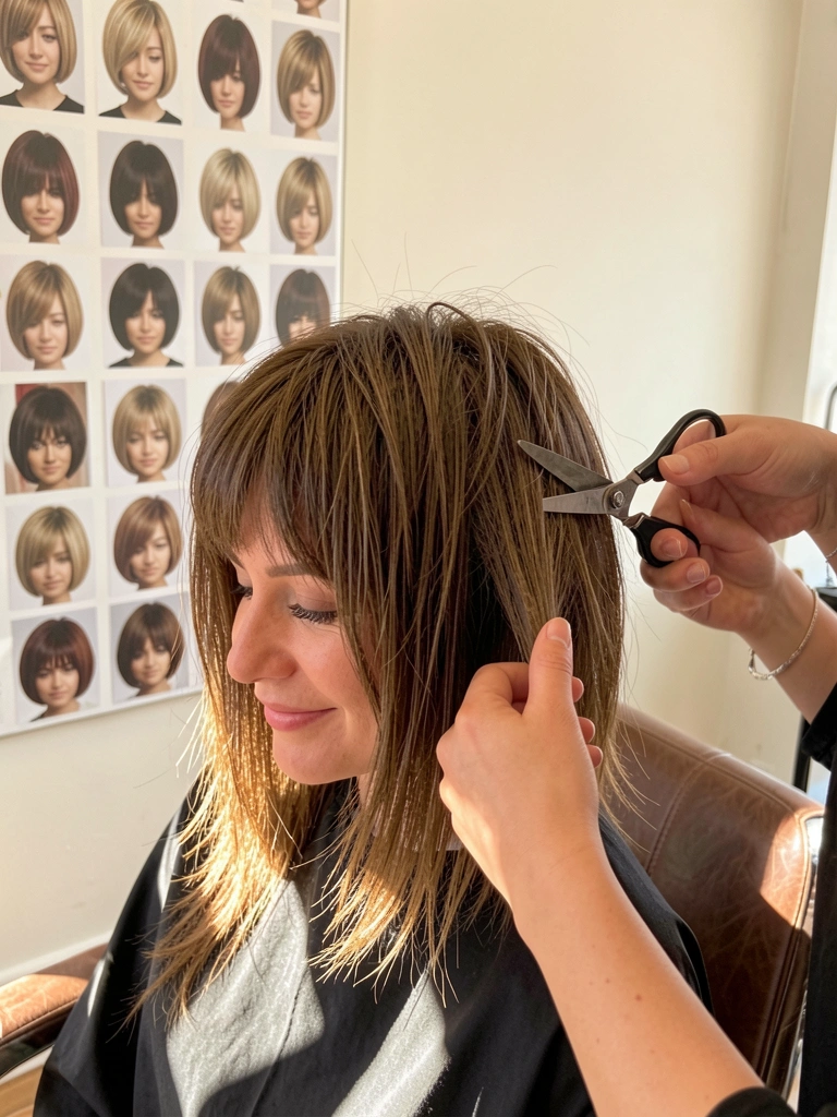 Mulher de cabelo castanho ondulado observa o reflexo no espelho enquanto cabeleireira corta um bob reto com tesoura afiada, salão iluminado por luz natural.