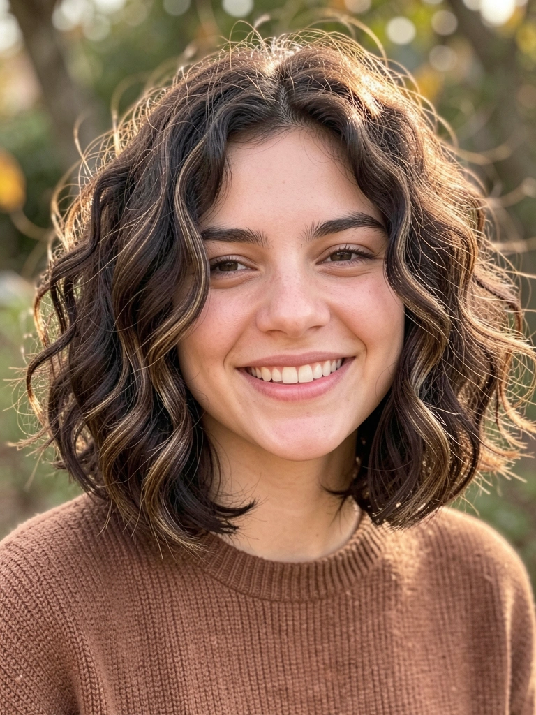 Mulher de cabelo castanho escuro com ondas naturais, sorrindo com suéter de tricô marrom em luz difusa ao ar livre.