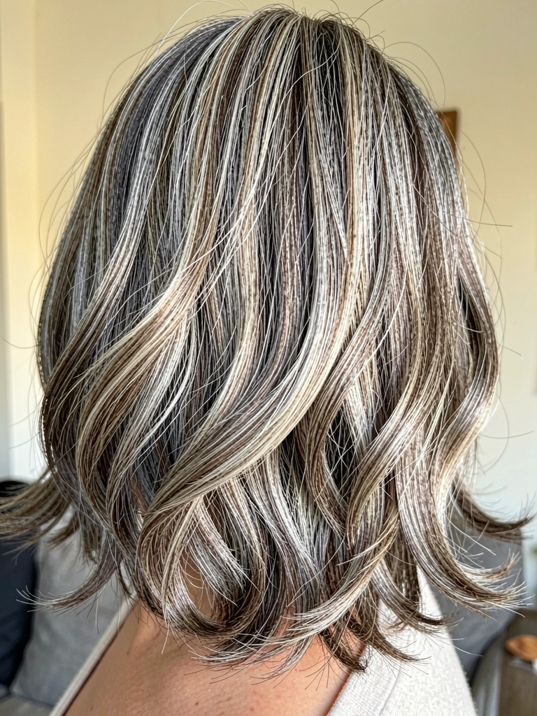 Cabelo médio repicado em camadas, fios grisalhos e castanhos com luz natural destacando as ondas e o movimento.