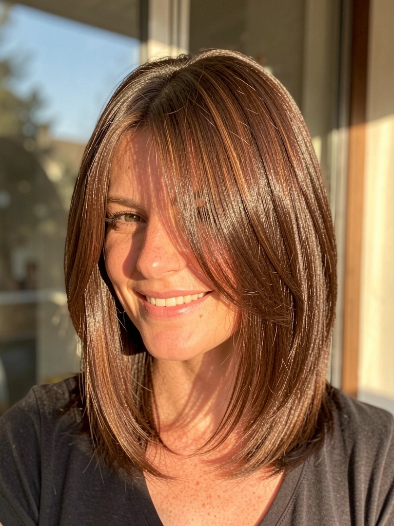 Mulher com cabelo médio repicado em long bob texturizado, fios brilhantes refletindo luz natural, sorriso genuíno e fundo desfocado com janela ensolarada.