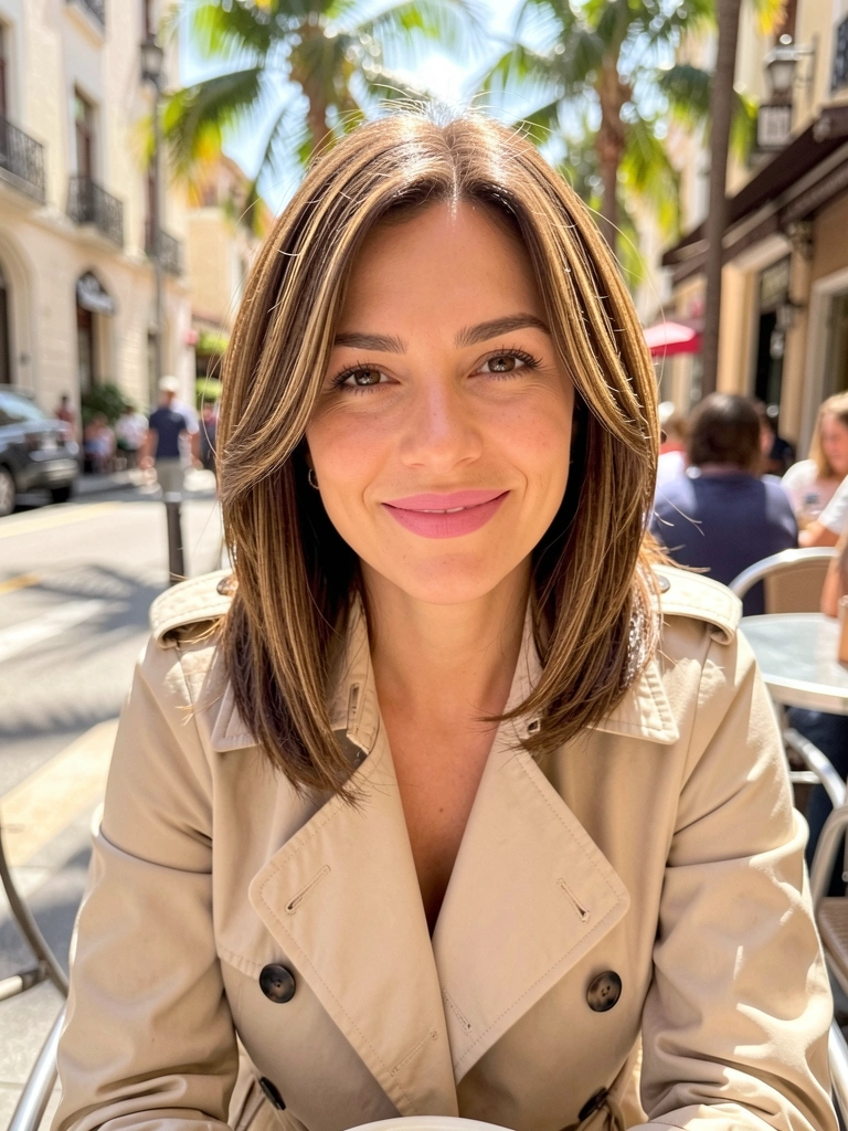 Mulher de casaco bege e cabelo repicado sentada em café ao ar livre com luz natural e fundo desfocado.