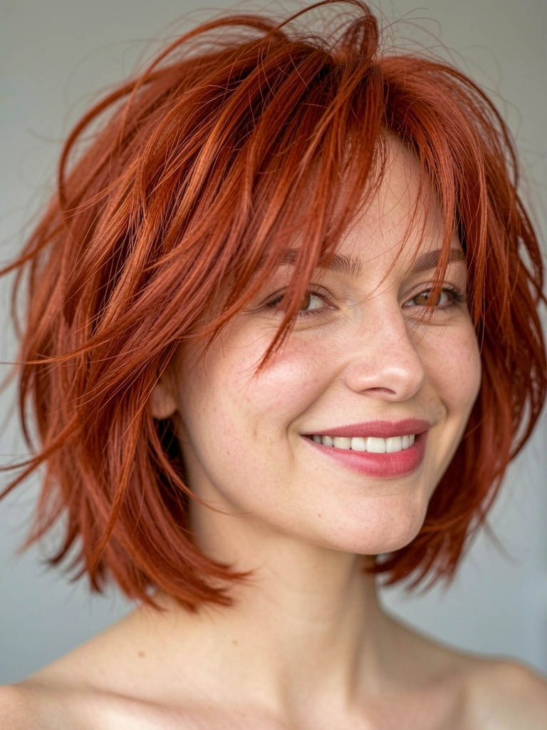 Retrato feminino com cabelo ruivo repicado e texturizado, sorriso genuíno e iluminação difusa em fundo neutro.