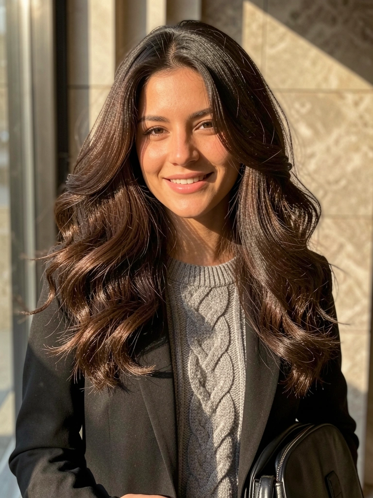 Jovem com cabelo escuro volumoso e repicado em ondas, sorriso genuíno, usando cardigã cinza e blazer preto, luz solar natural e parede de pedra ao fundo.