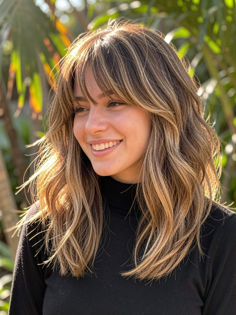 Jovem de cabelos castanhos e dourados com corte repicado e franja desfiada, sorrindo sob luz natural, com folhas ao fundo.