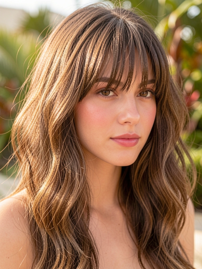 Mulher de cabelo castanho médio repicado com franja reta e ondas texturizadas, luz natural difusa e fundo desfocado com folhagem tropical.