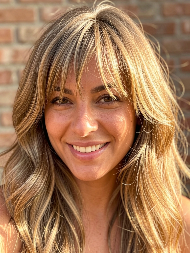 Luz natural realça franja desfiada e repicado médio em cabelo castanho claro com ondas e sorriso genuíno.