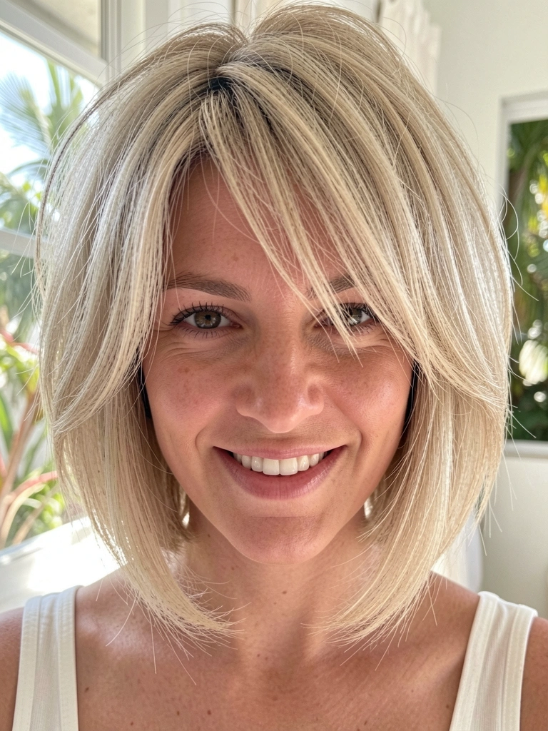Mulher com bob repicado e texturizado, sorriso genuíno, luz suave destacando as camadas do cabelo loiro.