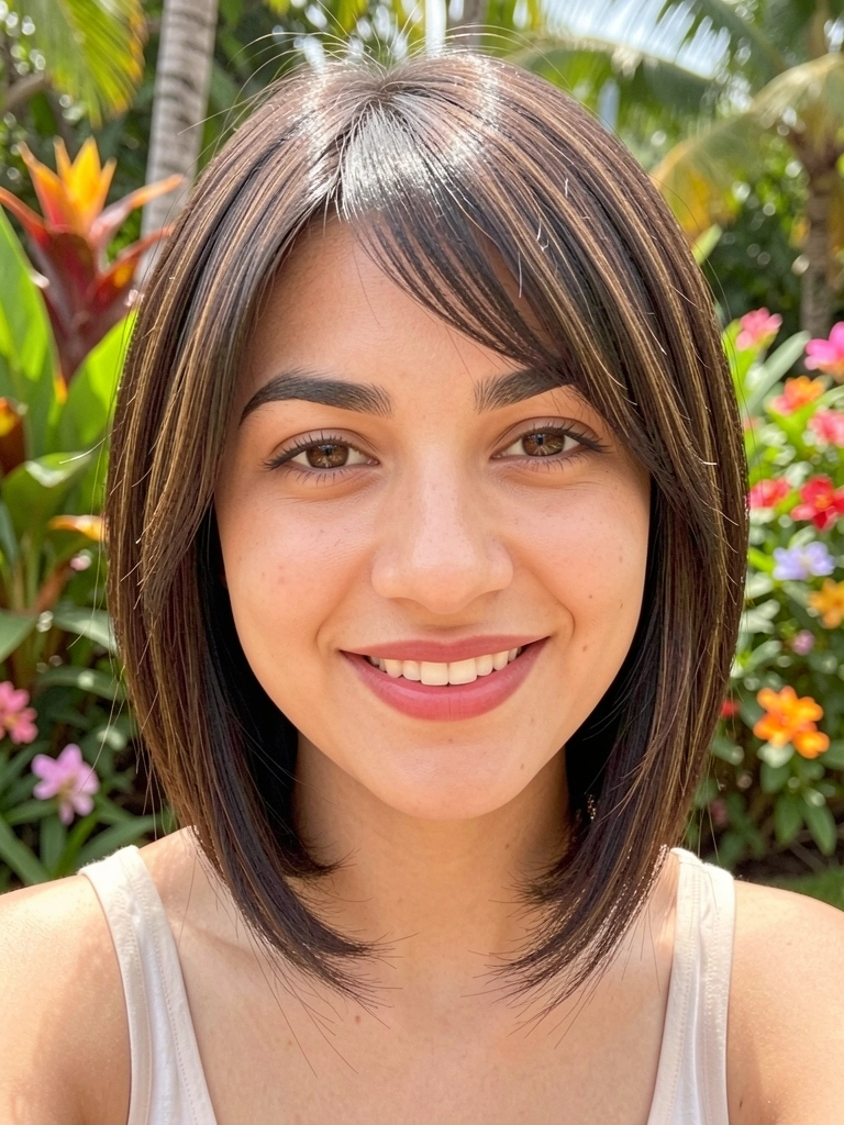 Mulher de cabelo castanho escuro em corte repicado médio com luz suave e jardim tropical ao fundo.