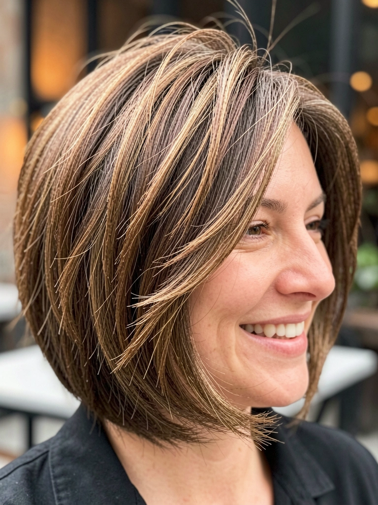 Close-up de mulher com cabelo castanho claro em corte médio repicado, texturizado e volumoso, fios soltos e luz natural suave destacando as camadas.