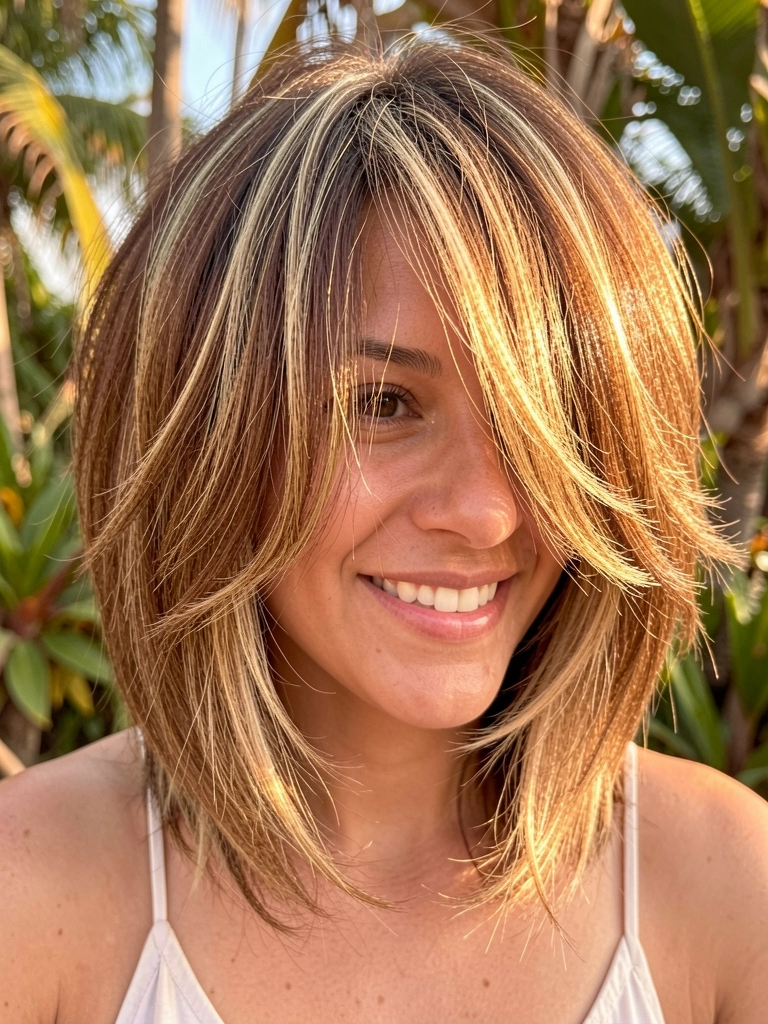 Mulher com corte médio repicado em tons de castanho e loiro, ondas naturais e sorriso espontâneo sob luz solar difusa.