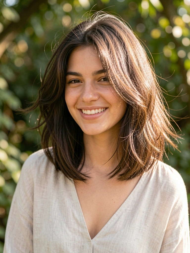 Jovem de cabelo castanho escuro repicado com ondas naturais, camisa de linho clara e fundo verde desfocado com luz do sol filtrada.