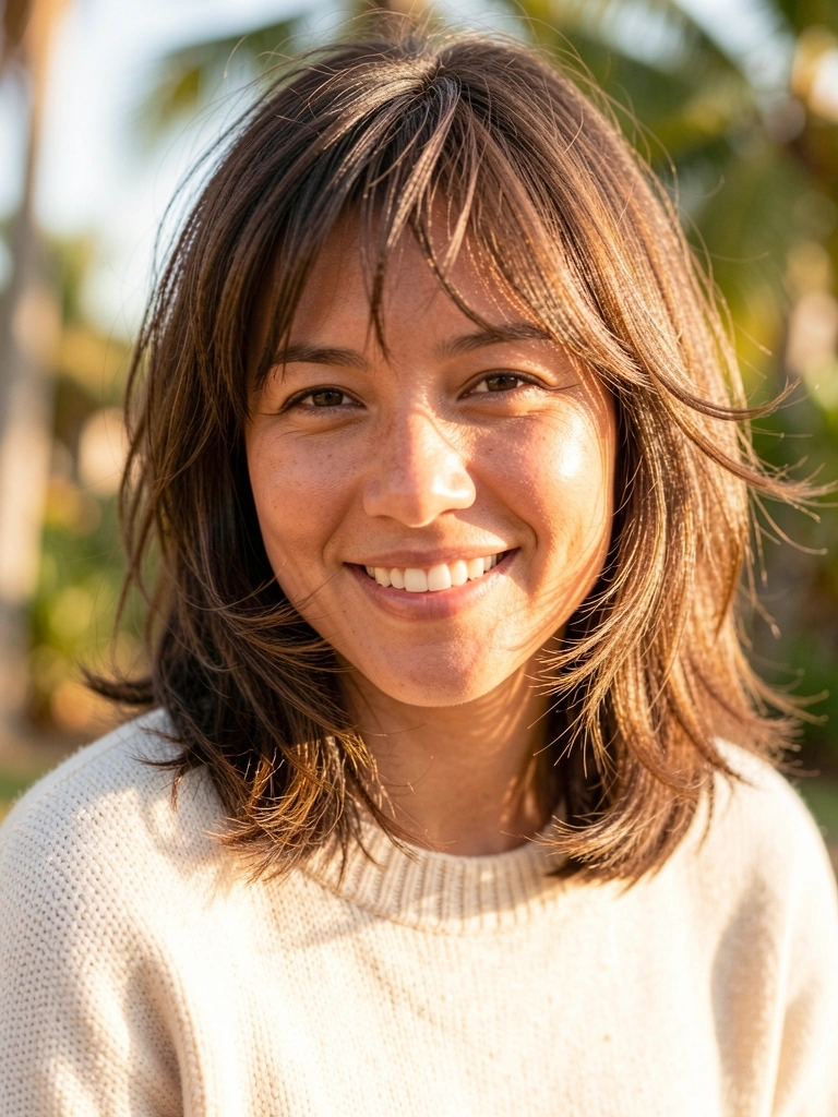 Mulher com cabelo médio repicado em camadas, mechas castanhas com reflexos suaves, sorrindo com pele iluminada pelo sol, suéter creme de tricô, fundo desfocado com luz natural quente.
