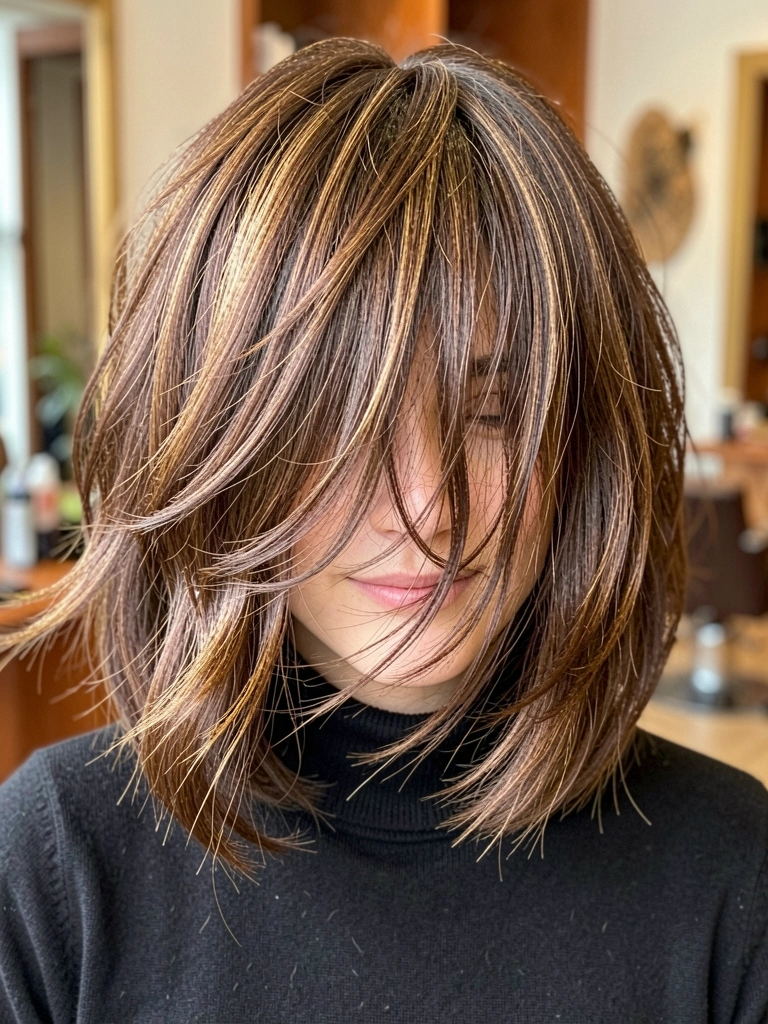 Mulher com cabelo médio repicado em tom marrom quente, fios texturizados e levemente bagunçados, iluminação natural suave, fundo desfocado de salão.