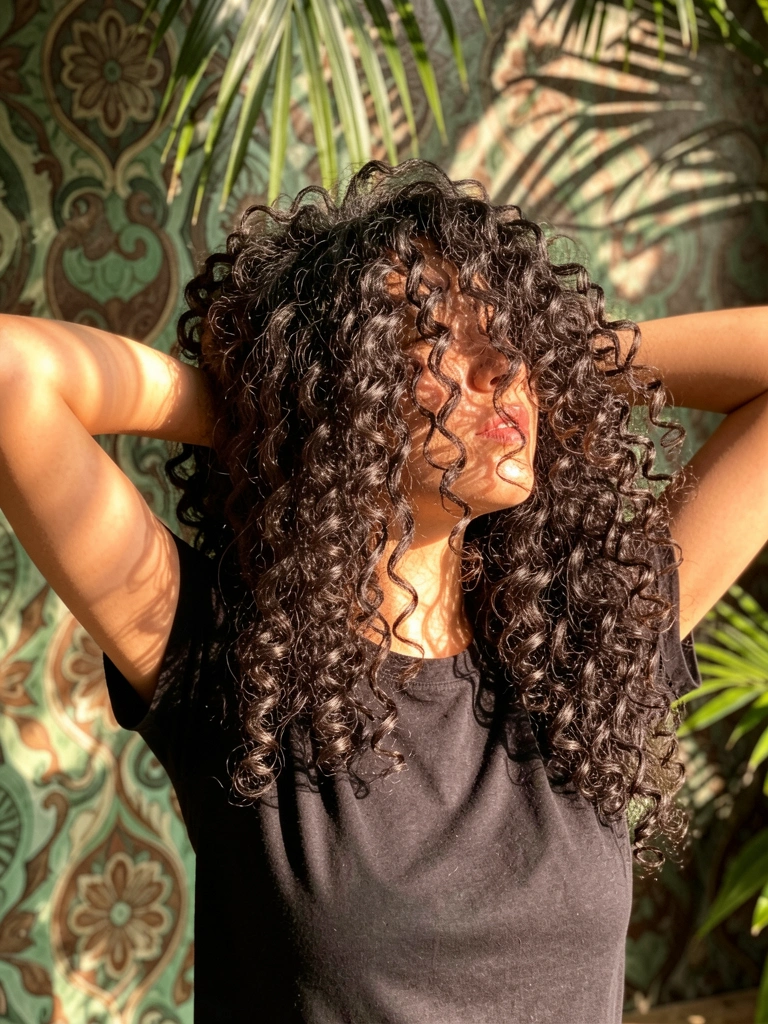 Mulher jovem com cabelos cacheados volumosos recostada com as mãos atrás da cabeça, parede decorativa verde e marrom, luz natural tropical.
