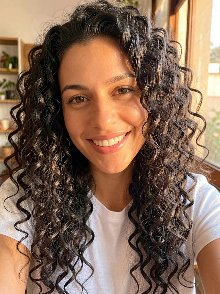 Close-up de mulher com cabelos crespos e longos, sorrindo com olhos castanhos, luz natural suave e fundo desfocado.