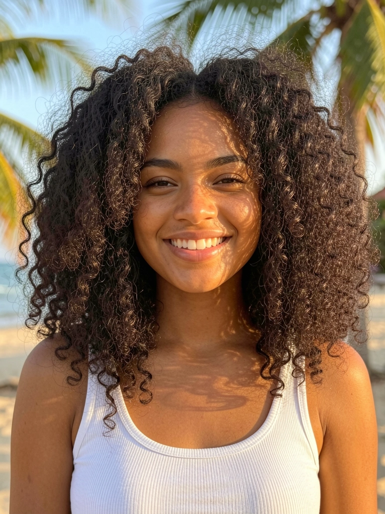 Mulher com cabelo cacheado volumoso em corte U, sorriso natural, camiseta listrada branca, luz natural suave ao fundo.