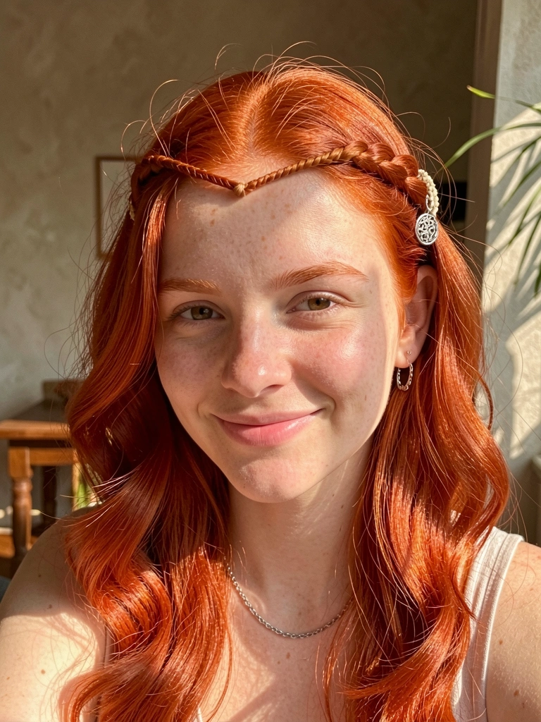 Mulher com cabelos ruivos ondulados, trança lateral com pingente de prata, luz natural suave e fundo desfocado de parede texturizada.