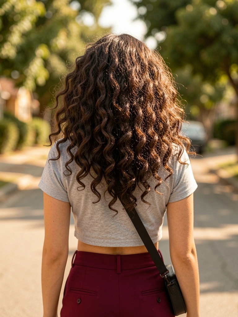 Mulher com cabelos ondulados escuros e volumosos, camiseta cinza e calça vinho, bolsa preta a tiracolo, fundo de rua arborizada com luz suave.