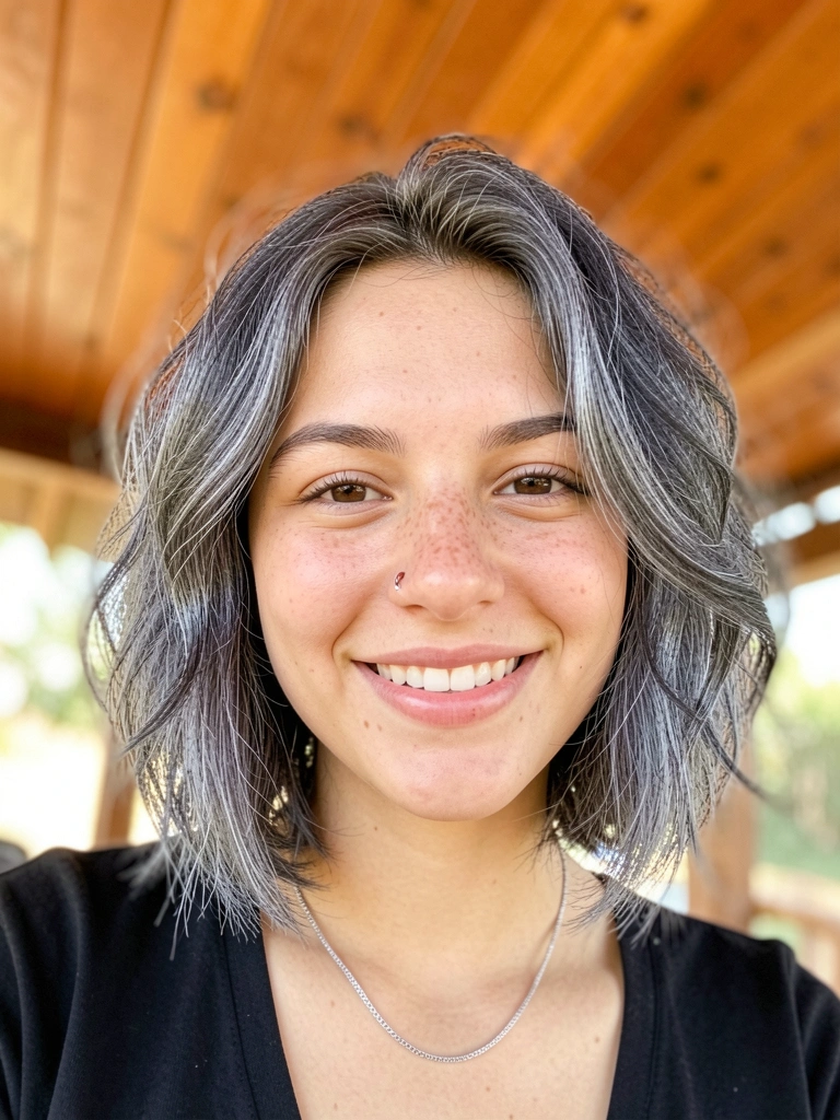 Jovem com cabelo ondulado cinza escuro curto, sorriso genuíno, brinco delicado e fundo de madeira desfocado com luz natural.