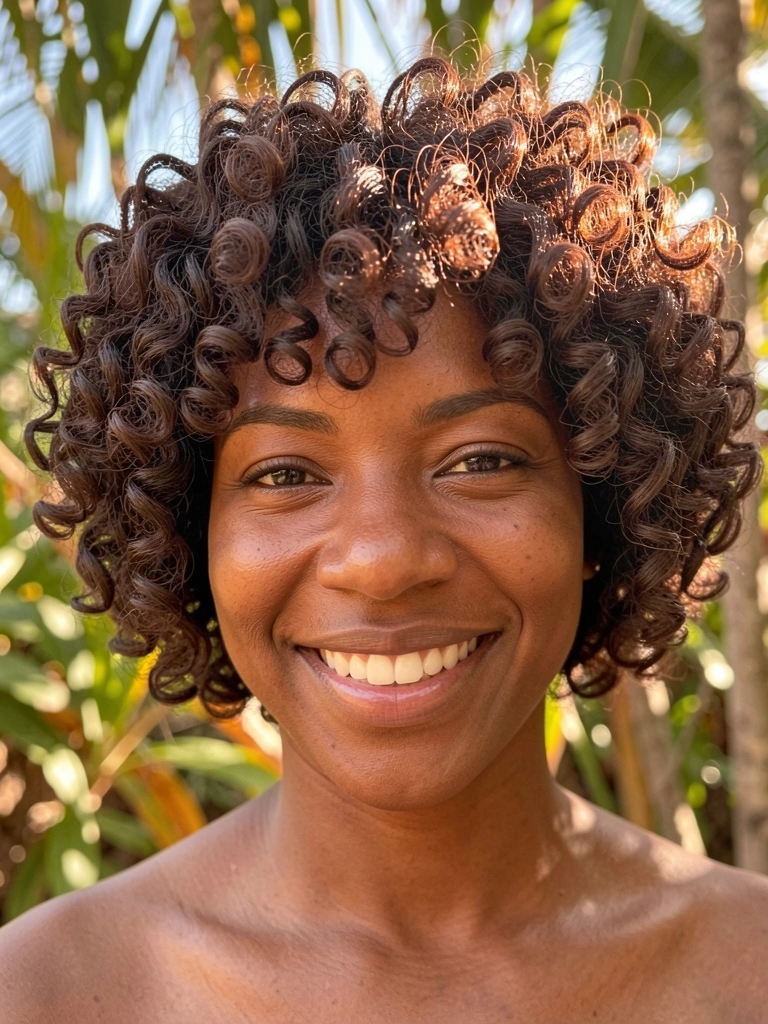 Close-up de uma mulher negra com cabelo cacheado curto e volumoso, sorrindo sob luz natural e calorosa.