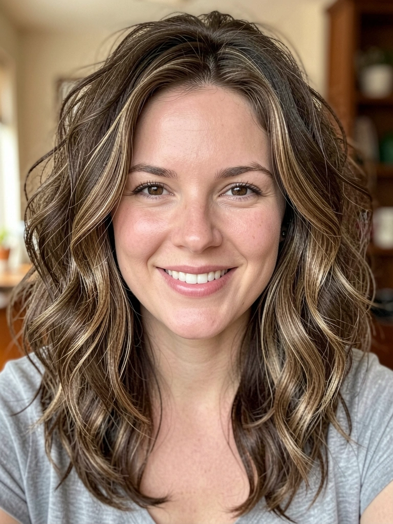 Mulher com cabelo ondulado castanho e luz natural suave, sorrindo para a câmera em fundo neutro.