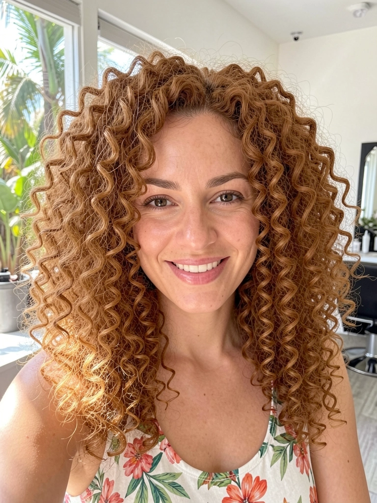 Mulher com cabelos cacheados caramelados volumosos em salão iluminado por luz natural difusa e blusa floral.