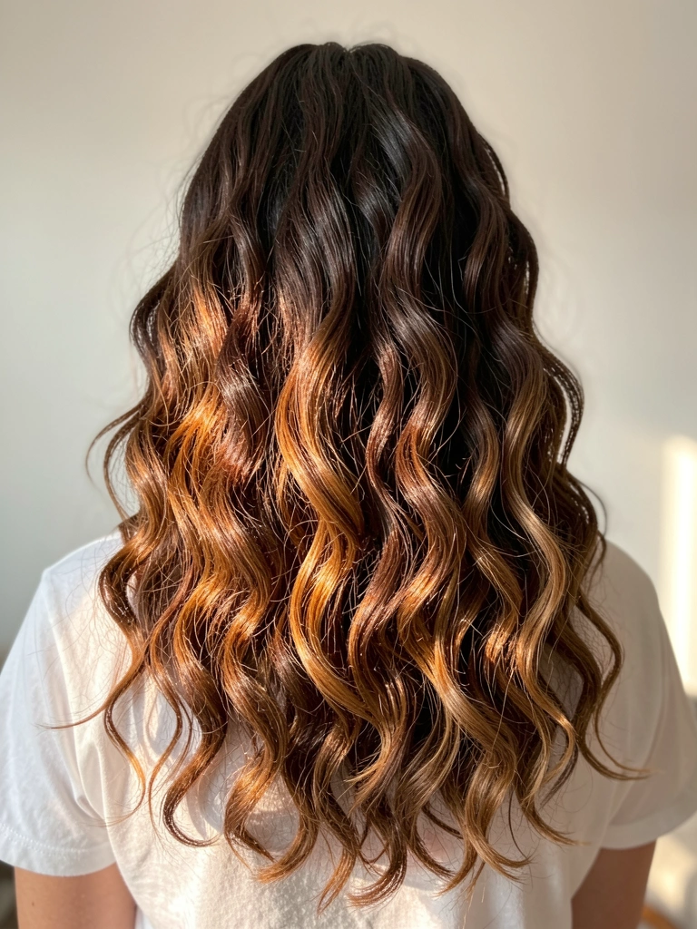Cabelo longo ondulado castanho escuro com mechas carameladas, iluminado por luz natural suave, fundo branco desfocado.