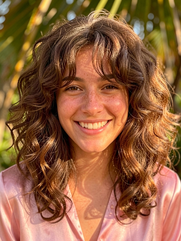 Luz natural realça cabelos ondulados castanhos volumosos em camadas, blusa rosa, sorriso genuíno e fundo desfocado com folhas tropicais.