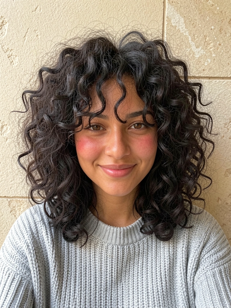 Jovem com cabelo ondulado volumoso e cacheado, suéter cinza claro de tricô grosso, parede texturizada bege iluminada por luz natural difusa.
