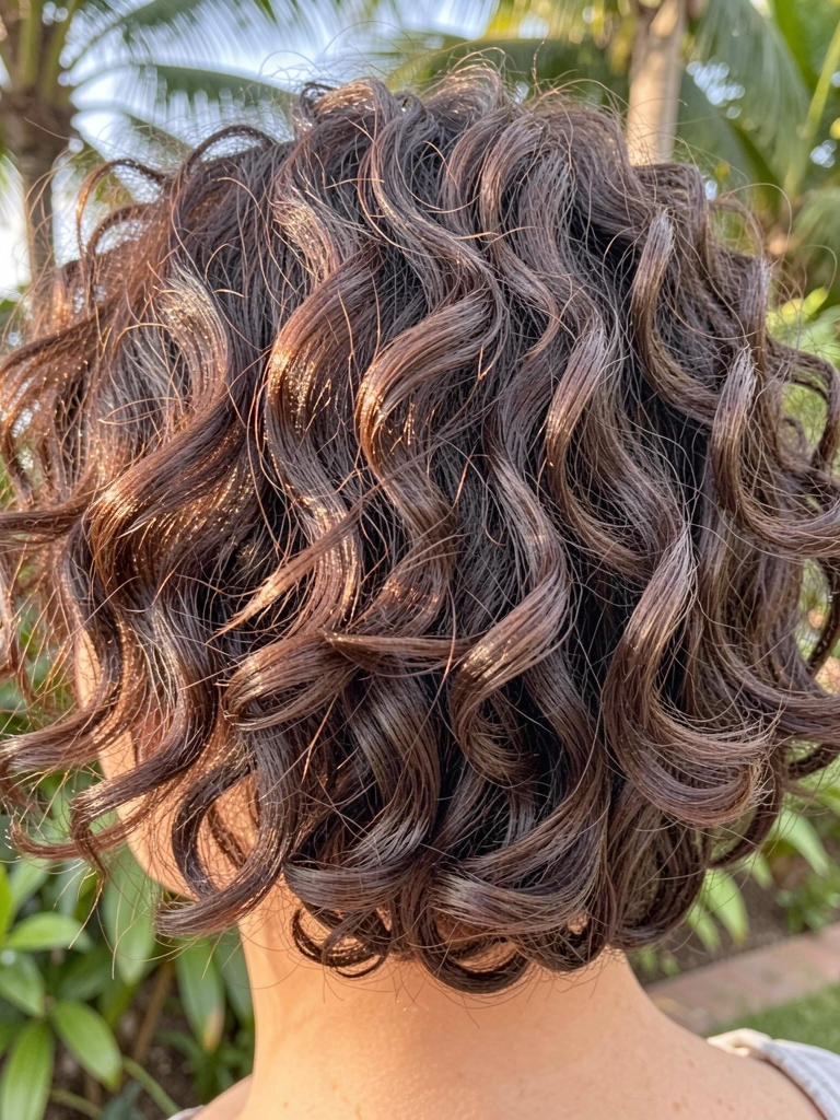 Cachos castanhos volumosos com reflexos dourados em luz natural suave, definidos e levemente bagunçados ao ar livre.