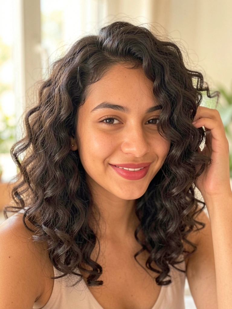 Jovem com cabelo cacheado escuro volumoso em corte borboleta, toca os fios com sorriso espontâneo, luz natural difusa e fundo desfocado.
