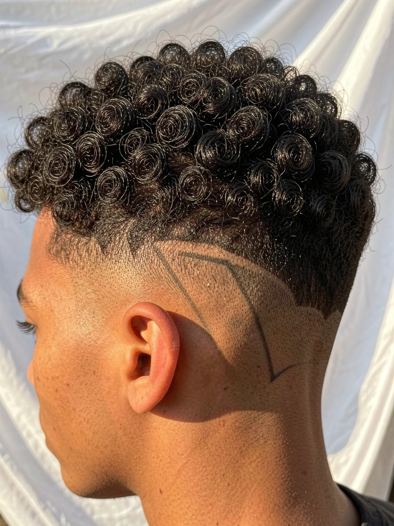 Jovem com cabelo afro cacheado volumoso e fade baixo, linha geométrica na nuca, luz natural quente e lençol branco ao fundo.