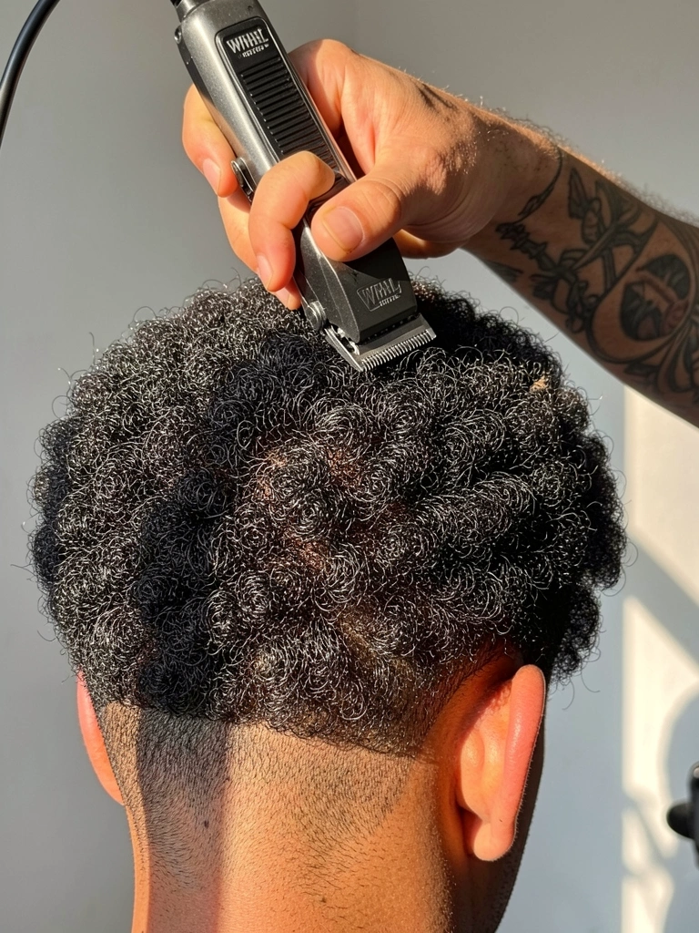 Close-up de barbeiro usando máquina Wahl para aparar cabelo afro volumoso, com fade sutil na nuca, luz natural e tatuagem no braço.